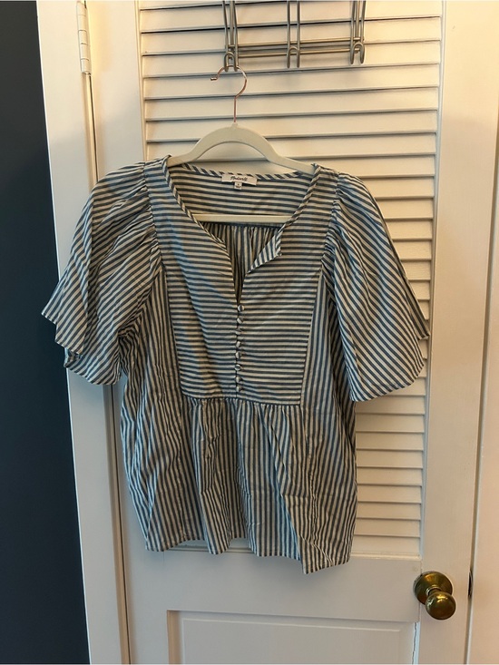 Madewell Tops - Madewell Blue and White Striped Puff-Sleeve Peasant Top